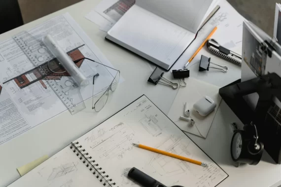Various scattered physical work materials such as pencils, papers, rulers, paperclips, and more are strewn around a desk top.