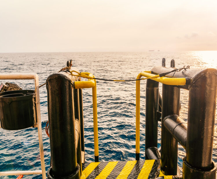 View of offshore vessel boatlanding - installation for crew change. Safe work at sea
