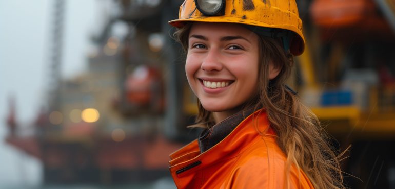 Female engineer. Female offshore engineer wearing a safety helmet and orange protective gear smiles on the deck of an oil rig, with industrial equipment in the background.