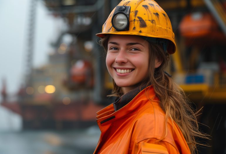 Female engineer. Female offshore engineer wearing a safety helmet and orange protective gear smiles on the deck of an oil rig, with industrial equipment in the background.