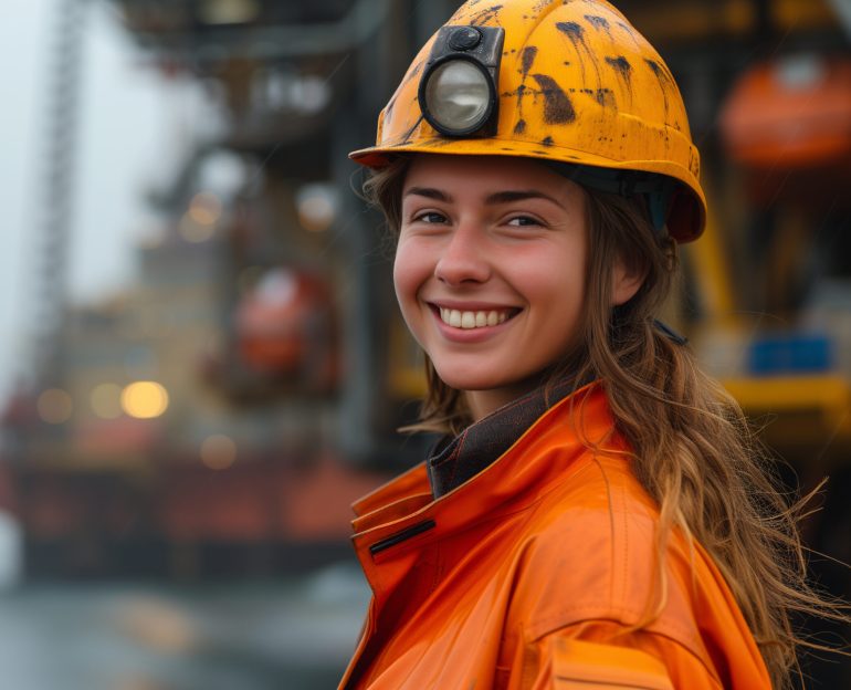 Female engineer. Female offshore engineer wearing a safety helmet and orange protective gear smiles on the deck of an oil rig, with industrial equipment in the background.